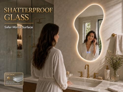 Irregular Led Bathroom Mirror with Lights 20x32 Inch, Backlit Asymmetrical Led Bathroom Mirror for Wall, Lighted Vanity Mirror with Lights, Anti-Fog, Dimmable 3 Colors, Shatter-Resistant - Thumbnail 4