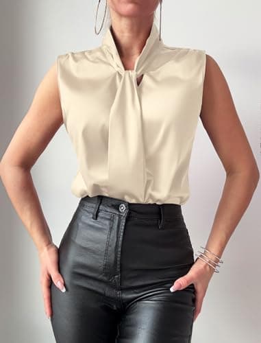 ZAFUL Women's Silk Satin Tank Tops Bow Tie Knot Mock Neck Casual Sleeveless Blouses Summer Basic Tanks Shirt Apricot L - Thumbnail 2