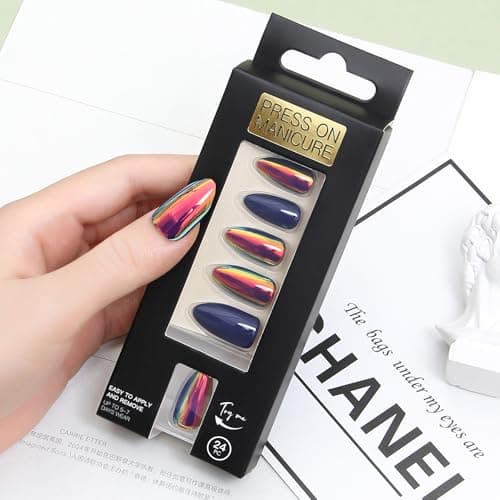 ZANVIA Acrylic Press On Nails Blue Almond - Nail Kit Iridescent Chrome Reusable Manicure for Women, 24 Nails in 12 Sizes with Glue, Adhesive Tabs, File, Prep Pad, Manicure Stick - Thumbnail 6