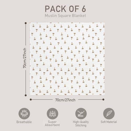 GLLQUEN BABY Receiving Blanket Boy Cotton Muslin Swaddle Blankets Girl Newborn Squares Breathable & Soft Thin Baby Blankets Cloths Double Absorbent Infant Swaddling Wrap - 6 Pack (Giraffe) - Thumbnail 5