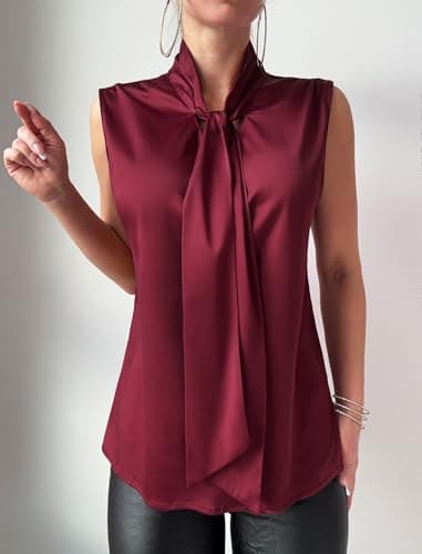 ZAFUL Women's Silk Satin Tank Tops Bow Tie Knot Mock Neck Casual Sleeveless Blouses Summer Basic Tanks Shirt Wine Red XL - Thumbnail 3