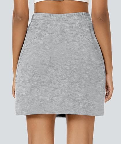 Casly Lamiit Women's Athletic Skort High Waisted Casual Short Drawstring Sweat Skirts Mini Workout Lounge Skirt with Pockets Light Grey S - Thumbnail 4