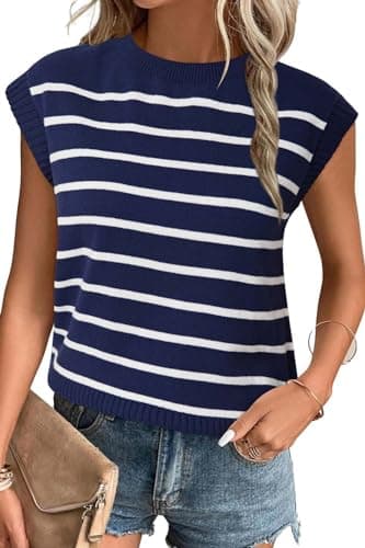 Arach&Cloz Womens Spring Summer 2024 Sweaters Vest Cap Sleeve Crew Neck Striped Knit Casual Sleeveless Tank Tops Clothes Navy - Image 1