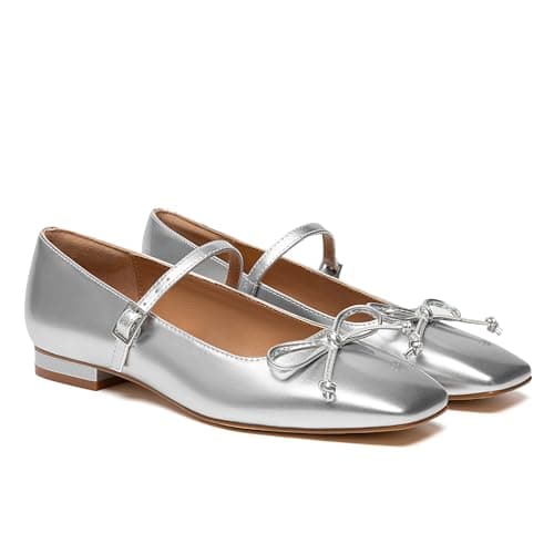 Athlefit Women's Mary Jane Flats Dressy Comfortable Square Toe Slip On Silver Ballet Flats Shoes with Buckle Strap Size 9.5 - Thumbnail 4