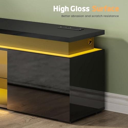 Lamtor TV-Stand for 85 Inch TV - Led TV Stand with Power Outlet, Modern Entertainment Center with Glass Shelf, High Glossy Gaming TV Media Console for Living Room, Black - Thumbnail 5