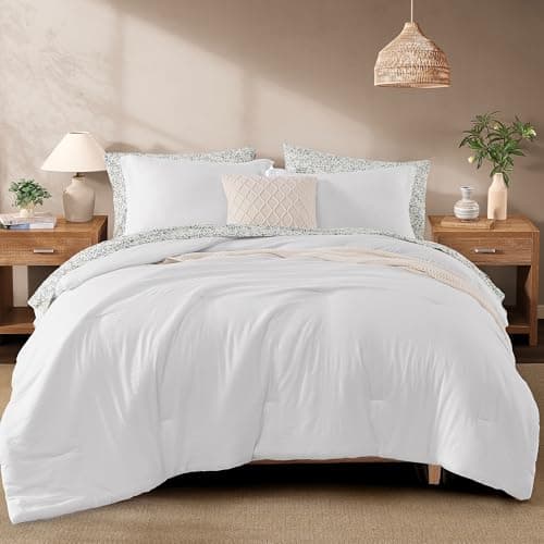 Monbix Full Size Comforter Set - 7 Pieces White Prewashed Bed in a Bag Full Bedding Sets with Comforters, All Seasons Ultra Soft Comforter Bed Set with Sheets, Pillowcases & Shams - Image 1