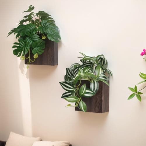 WOYOO Wood Wall Planter Vase with Artificial Plants Wall Decor, Small Wall Plant Decor Hanging Greenery Fake Monstera Indoor for Living Room Bedroom Bathroom Kitchen Office (Brown) - Image 1