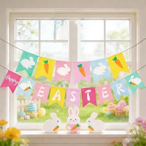 Happy Easter Banner for Fireplace,Bunny Carrot Banner Indoor Outdoor Easter Decorations, Easter Themed Party Supplies for Home, Wall, Office School Classroom Easter Banner Decor - Thumbnail 4