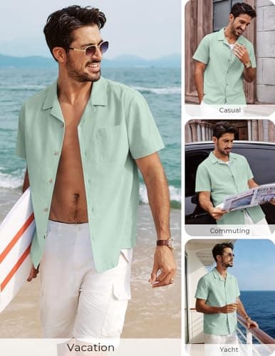 PJ PAUL JONES Mens Linen Shirt Short Sleeve Cotton Hawaiian Button Up Shirts for Men Casual Cuban Summer Beach Shirts with Pocket Light Green - Thumbnail 4