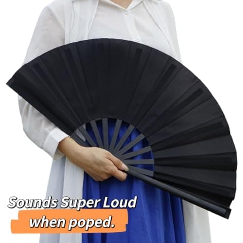 DYMSUP 2 Pcs Black Large Folding Hand Fan Foldable, Big Loud Clack Fan Vintage Festival Chinese for Men Women Dance Bridgerton Tea Party Decorations - Thumbnail 2