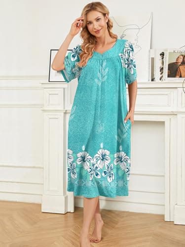 udforsk Muumuu Dresses for Women Moo moo Nightgowns with Pockets House Dresses for Elderly Soft Hawaiian Muumuu Women Lounge Dresses Mumu Momo Dress for Womens Green Flower L - Thumbnail 4