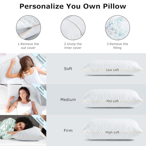 Sofslee King Size Pillows Set of 2 for Neck and Shoulder Pain, Adjustable Firmness Shredded Memory Foam Pillow King for Side Sleeper, Cooling Curved Kingsize Pillows with Washable Cover - Thumbnail 4