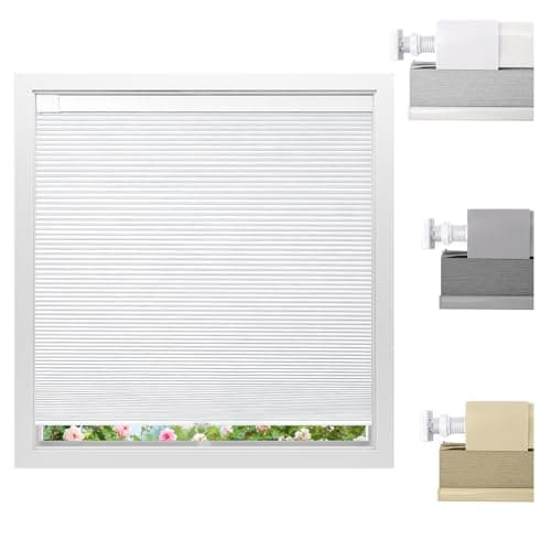 Full Blackout No Drill Cordless Cellular Shades, Honeycomb Blinds for Indoor Windows, Easy Install Spring Rod Window Coverings for Kitchen Room Bathroom Bedroom Camper (White, 34" W x 48" H)