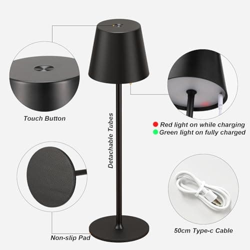 Cordless Table Lamp Rechargeable Black - KK 2 Pack 5000mAH Battery Operated Lamp for Counter, 3 Color Stepless Dimming Waterproof LED Wireless Lamp for Dining Kitchen, Outdoor Patio, Touch Control - Thumbnail 5