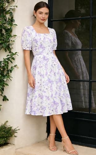 Belle Poque Purple Floral Vintage 1950s Cocktail Party Dress 2026 Summer Square Neck Flowy Baby Bridal Shower Dress S - Thumbnail 5