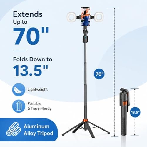 70" Auto Face Tracking Phone Tripod with Fill Light, 360° Rotating Smart Shooting Stand with Remote Control, No App Required for Vlogging, TikTok Live, YouTube & Video Recording - Thumbnail 4