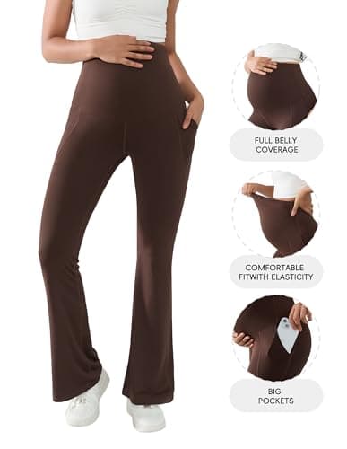 BRATUC Maternity Flare Pants Buttery Soft Bootcut Pregnancy Yoga Leggings Over Belly Workout Bell Bottoms with Pockets (X-Large, Coffee Brown) - Thumbnail 3