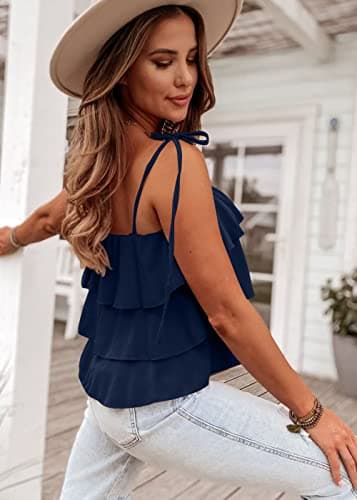 KIRUNDO Spaghetti Strap Ruffle Babydoll Peplum Tank Tops for Women 2026 Summer Cute Flowy Beach Vacation Cruise Outfits(Navy, X-Large) - Thumbnail 4