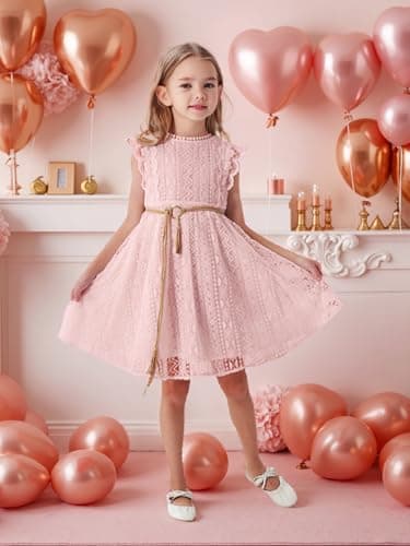 ALLOVIN Toddler and Girls Vintage Boho A-Line Lace Dress with Belt Pom Pom Trim Birthday Party Dress | Pink | 6-7Y - Thumbnail 4