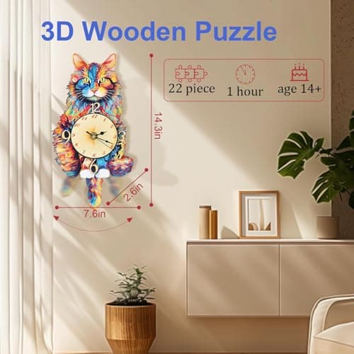 Kosmickiss 3D Wooden Puzzles for Adults, Maine Cat Mechanical Model Kits, DIY Wall Clock Puzzle, Gifts for Cat Lovers, Home Decor Creative Gifts for Men and Women, Pendulum Wood Craft - Thumbnail 4