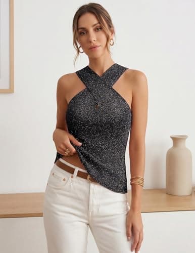 DRESSTELLS Women's Black Halter Neck Crossover Sleeveless Ribbed Knit Tank Vest Top Casual Summer Blouse Glitter Sweater Vest 2026 S - Thumbnail 2