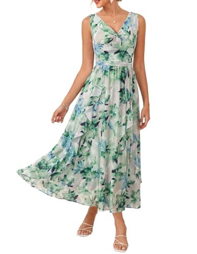 GRACE KARIN Women's Summer Sleeveless Floral Maxi Dress V Neck Formal Wedding Guest Dress A Line Beach Vacation Clothes Light Green Floral XL - Image 1