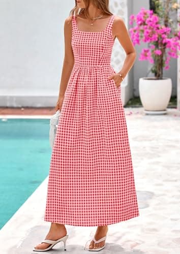 PRETTYGARDEN Women's 2026 Summer Spaghetti Strap Maxi Dresses Plaid Square Neck A Line Casual Beach Vacation Long Sundress (Brilliant Red,Large) - Thumbnail 3