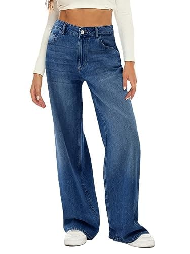 HDLTE Women's High Waist Baggy Boyfriend Jeans - Wide Leg Loose Denim Pants with Pockets(Dark Blue,X-Small) - Image 1