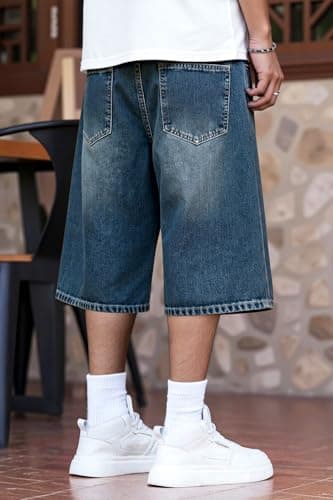 Heyfanee Mens Baggy Jean Shorts Ripped Long Jorts Men Y2k Vintage Denim Shorts for Men Loose Fit Washed Blue 28 - Thumbnail 3