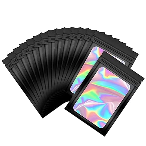 50 Pack Black Mylar Bags, Plastic Smell Proof Bag Reusable Holographic Bags Small Ziplock Bag with Clear Window Jewelry Sample Gift Food Bags Small Business Packaging Supplies (3" x 5") - Image 1
