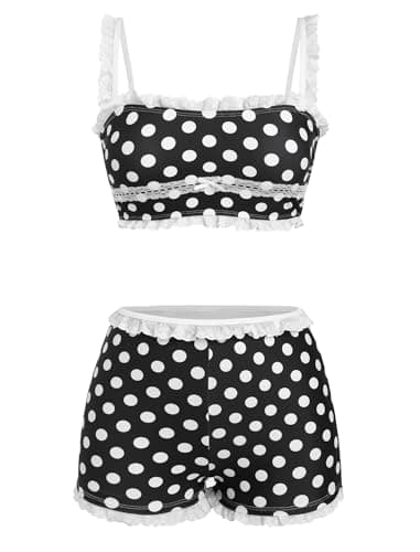 ZAFUL Womens High Waisted Bikini Sets 2 Piece Plaid Ruffle Swimsuits Back Strap Top with High Waisted Shorts Bathing Suit Black Polka Dots XL - Thumbnail 3