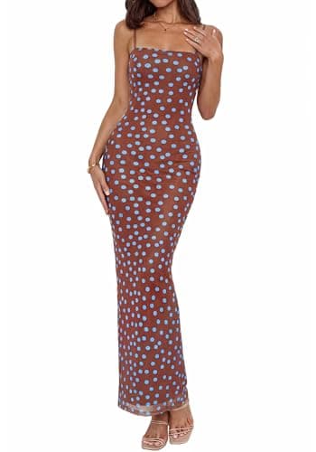 BTFBM Womens Maxi Dress 2026 Spring Floral Sexy Spaghetti Straps Sleeveless Bodycon Summer Beach Wedding Guest Dresses(Dot Coffee Blue, Small) - Image 1