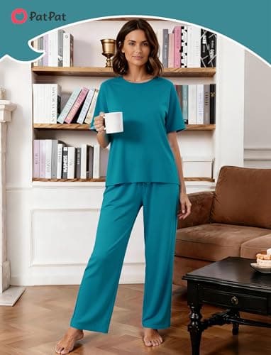 PATPAT Lounge Sets for Women Short Sleeve Pajama Set Soft Comfy Elastic Pjs 2 Piece Loungewear Outfits with Pockets Turquoise, XXL - Thumbnail 6