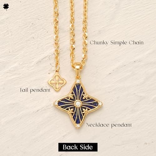 MYEARS Women Clover Necklace Pendant Lapis Lazuli Cubic Zirconia 14K Gold Simple Dainty Chain Everyday Trendy Lucky Jewelry - Thumbnail 5