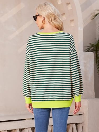 HDLTE Womens Oversized Striped Sweatshirt Crewneck Classic Color Block Long Sleeve Casual shirt Fashion Loose Pullover Tops Green - Thumbnail 3