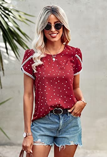 Angashion Women's Tops Casual Floral Print Lace Crochet Short Sleeve Crewneck Summer Loose Blouse Shirt Tunic Top Red White L - Thumbnail 6