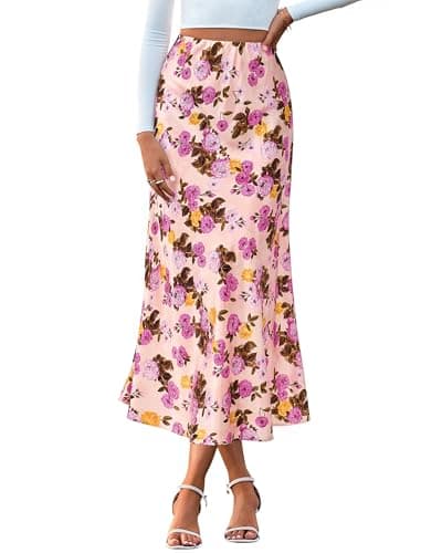 BTFBM Satin Skirts for Women Trendy Spring Summer 2026 High Waisted Leopard Print Cocktail Wedding Long Silk Midi Skirt(Floral Pink, X-Large) - Image 1