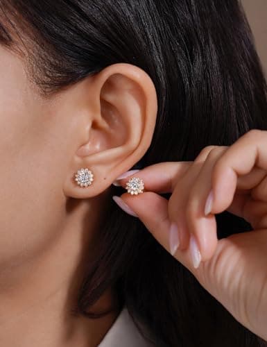 IMOLOVE Moissanite Stud Earrings in Sterling Silver With Yellow Gold Plated Trendy Flower Shaped Halo Earrings for Women - Thumbnail 3