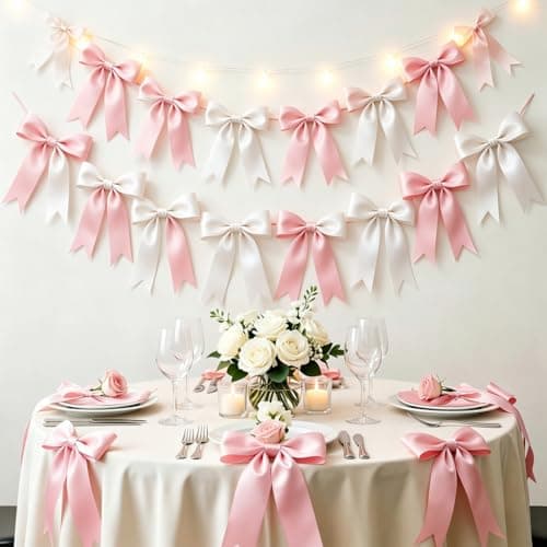 2 Strings Pink White Bow Garland Banner Decorations, Pre-Strung Satin Ribbon Bows for Birthday, Baby Shower, Bridal Shower, Coquette Girls Room, Bow Themed Party, Wedding, Christmas Tree Decorations - Image 1