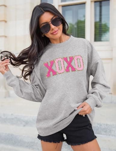 LETSEE Valentine Sweatshirts for Women Glitter Patch Lover Letter Shirts Chenille Patch Oversized Pullover Spring Tops(Grey, Large) - Thumbnail 3