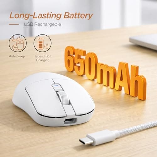 RK ROYAL KLUDGE RK MO3 Wireless Gaming Mouse, 48g Lightweight Computer Mouse, Bluetooth/2.4G/Wired Rechargeable PC Game Mice with Programmable Buttons and Silent Clicks, 6000 DPI for Laptop/Mac, White - Thumbnail 4