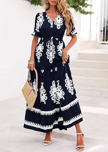Lazysmile Summer Dresses for Women Short Sleeve V Neck Floral Drawstring Flowy A Line Boho Maxi Dress with Pockets Navy - Thumbnail 5