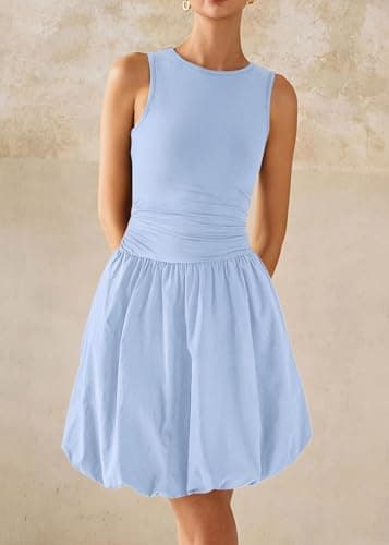 KIRUNDO Summer Bubble Dress for Women 2026 Casual Mini Spring Bodycon Cocktail Dresses Sleeveless Drop Waist Sundress Beach(Light Blue, Small) - Thumbnail 4