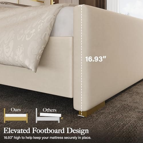 Uteeran Queen Bed Frame with 55.12" Tall Headboard, Modern Luxury Velvet Upholstered Platform Bed with Gold Trim, Wide Wingback Design, Noise-Free, Easy Assembly, No Box Spring Needed, Beige - Thumbnail 5