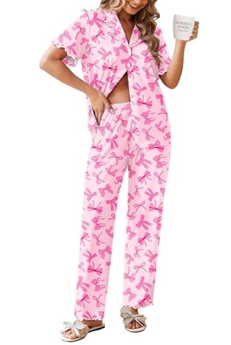 Ekouaer Womens Pajama Sets Ruffle Sleeve Printed PJs 2 Piece Button Down Sleepwear Comfy Loungewear with Pockets Bow Print L - Image 1