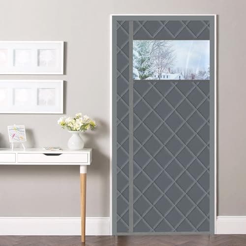 Anze Thermal Door Curtain with Visble Window Fit Door 74 x 80 Inch Magnetic Insulated Curtain Screen Size 78 x 82 Waterproof Thick Cotton Insulation Winter Cover Gray