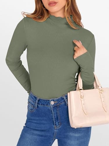 ANRABESS Women's Lettuce Trim Mock Neck Long Sleeve Tops 2026 Casual Dressy Ribbed Knit Slim Fit Tee Shirt Fall Layer Outfits Sage Green X-Small - Thumbnail 3