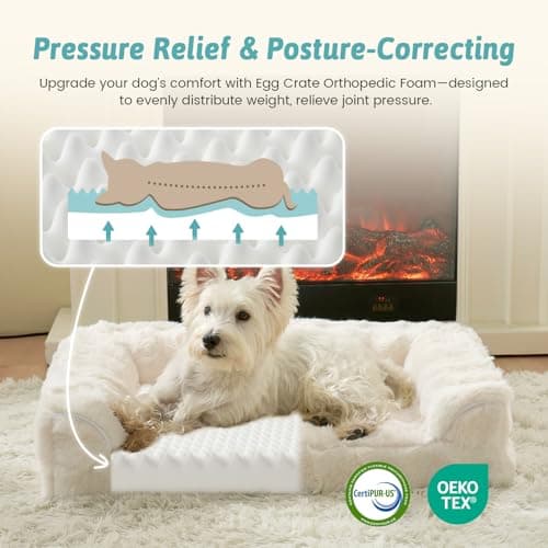 COZY KISS Faux Rabbit Fur Orthopedic Dog Bed, Dog Bed for Medium Size, Supportive Foam Pet Sofa with Waterproof Lining Cover, Washable U-Shaped Pet Couch with Anti-Slip Bottom, Beige M 30x20x6.5 inch - Thumbnail 2