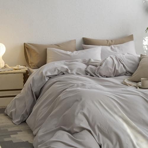 MooMee California King Duvet Cover Set, 100% Washed Cotton Linen Like Twill Thick Sturdy Material Super Soft Breathable Durable Bedding for All Season, 3 Pieces (Light Gray, Cal King 104"x98") - Thumbnail 4
