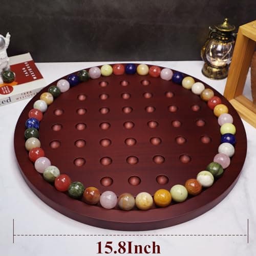 HOROW 15.7 Inches Large Marble Solitaire Board Game Wooden Classic Natural Stone Marbles Solitaire Game Set Containing 36 Colored Natural Stone Marbles Strategy and Smart Games (Red Peach Color) - Thumbnail 5